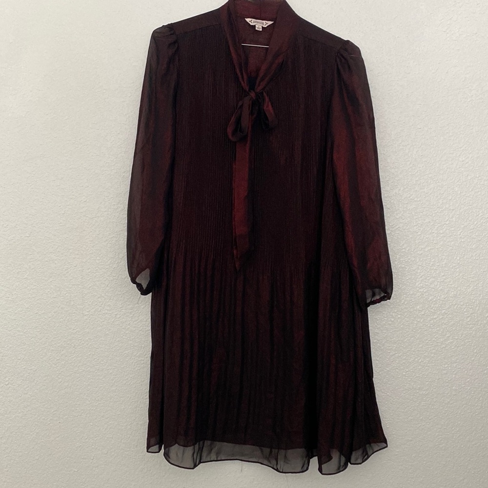 nanette lepore shimmery burgundy/black tie neck pleated dress